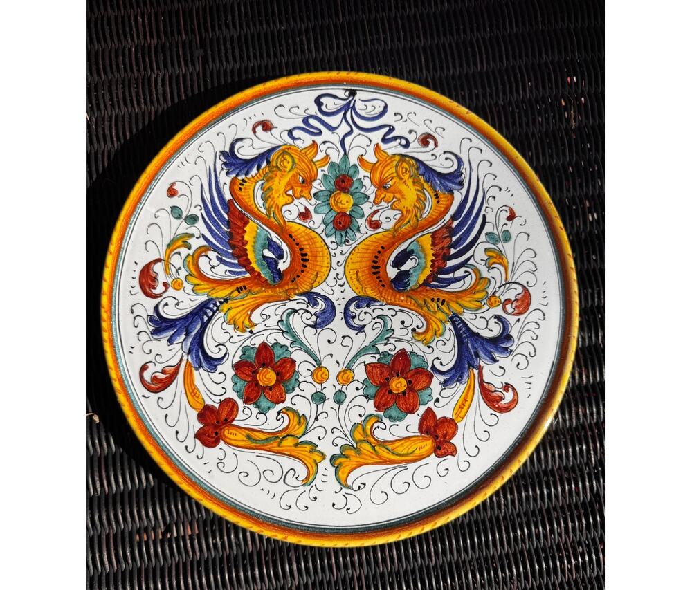 Raffaellesco Dragon / Griffin Majolica Footed Plate - Franco Mari Deruta